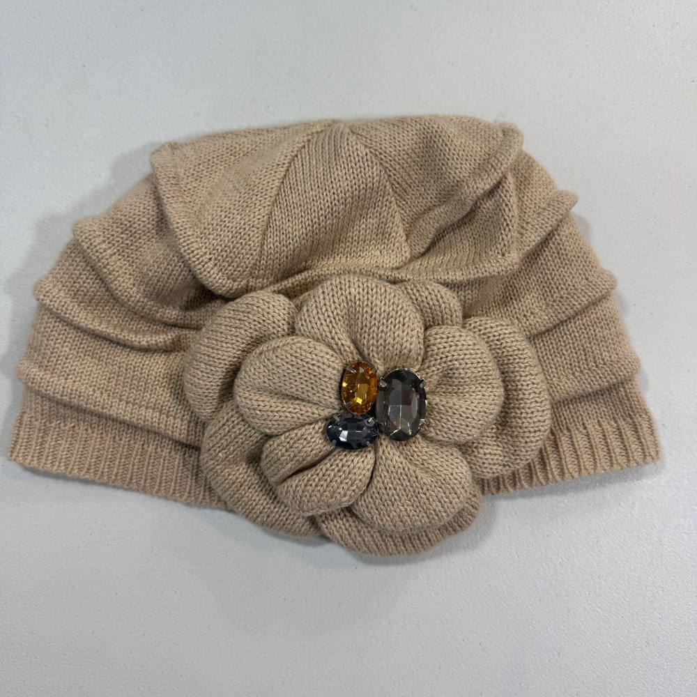 Coldwater Creek Womens Beanie OS Tan Jeweled Flower Knit Feminine Cottagecore